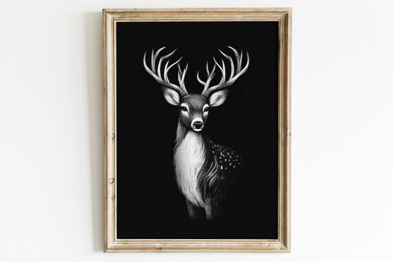 Noble Stag Portrait on Black Chalkboard Farmhouse Woodland Deer Poster