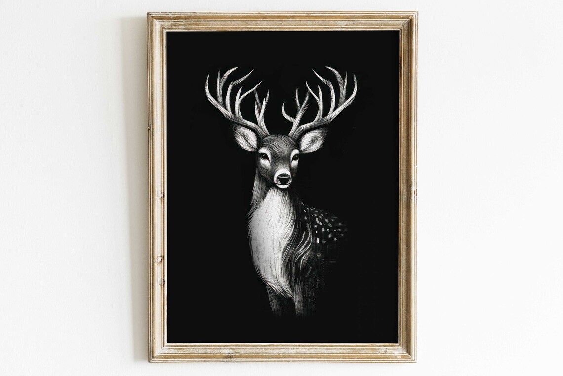 Noble Stag Portrait on Black Chalkboard Farmhouse Woodland Deer Poster
