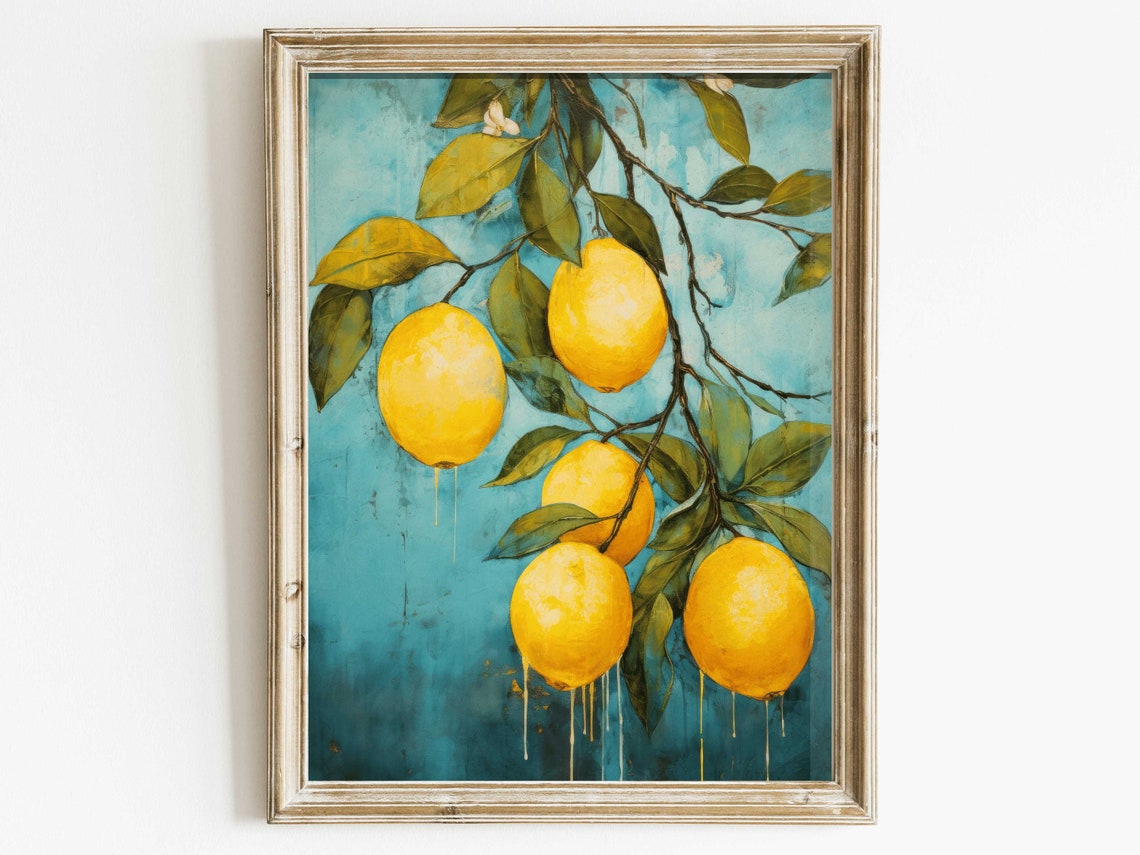 Ripe Yellow Lemons Hanging on a Leafy Branch Against Teal Poster