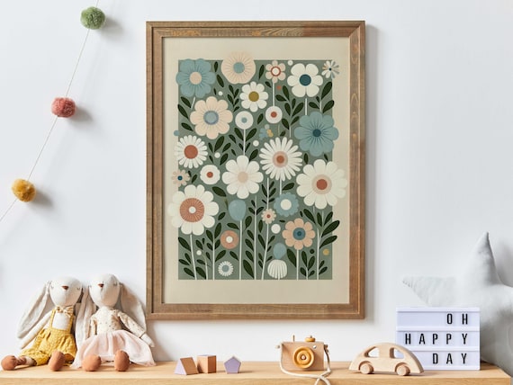 Retro Daisy Wildflower Pattern in Teal and Cream Floral Poster
