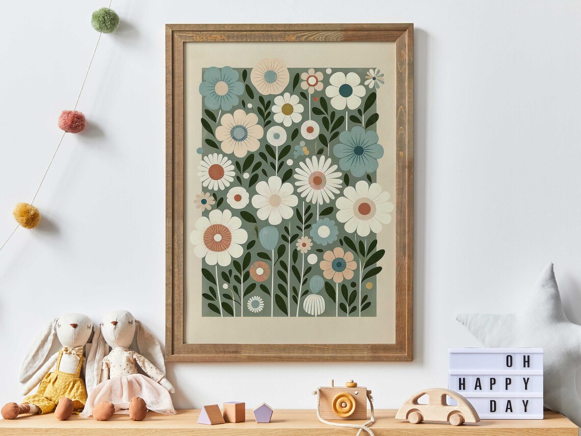 Retro Daisy Wildflower Pattern in Teal and Cream Floral Poster