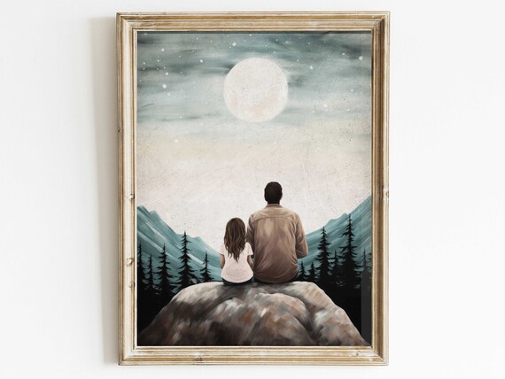 Father And Daughter Sitting Under A Full Moon In The Mountains Poster