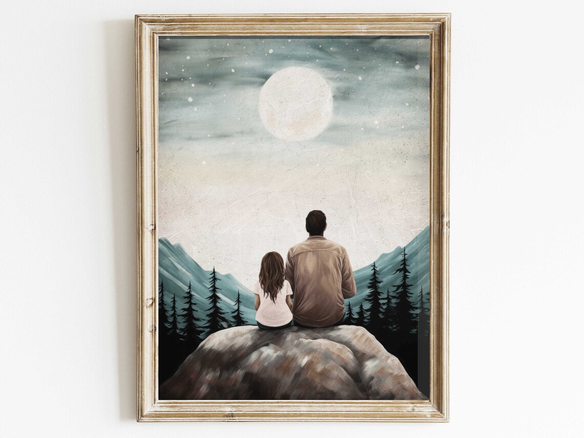 Father And Daughter Sitting Under A Full Moon In The Mountains Poster