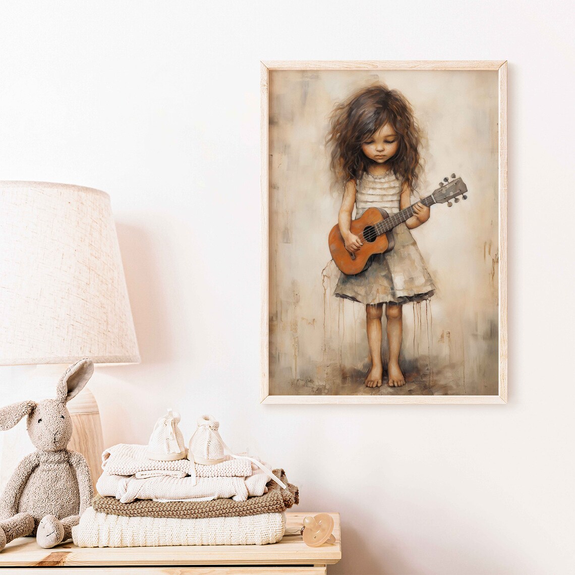 Little Girl Playing Acoustic Guitar Vintage Style Nursery Poster - Image 2