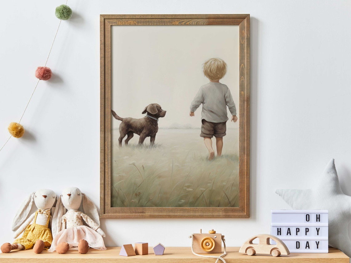 Little Boy and Chocolate Labrador Puppy Walking Through a Field Poster