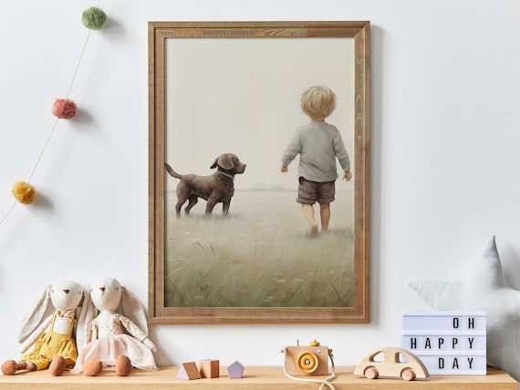 Little Boy and Chocolate Labrador Puppy Walking Through a Field Poster