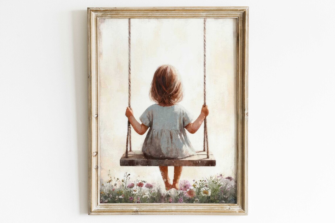 Little Girl on a Swing, Vintage Nursery Art Print - Image 3