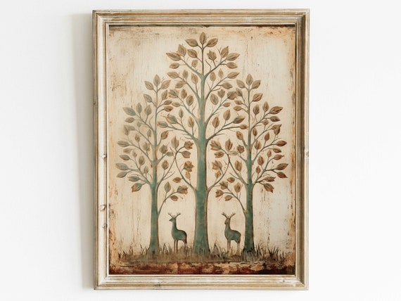 Stylized Forest Trees with Two Deer Vintage Folk Art Wall Print
