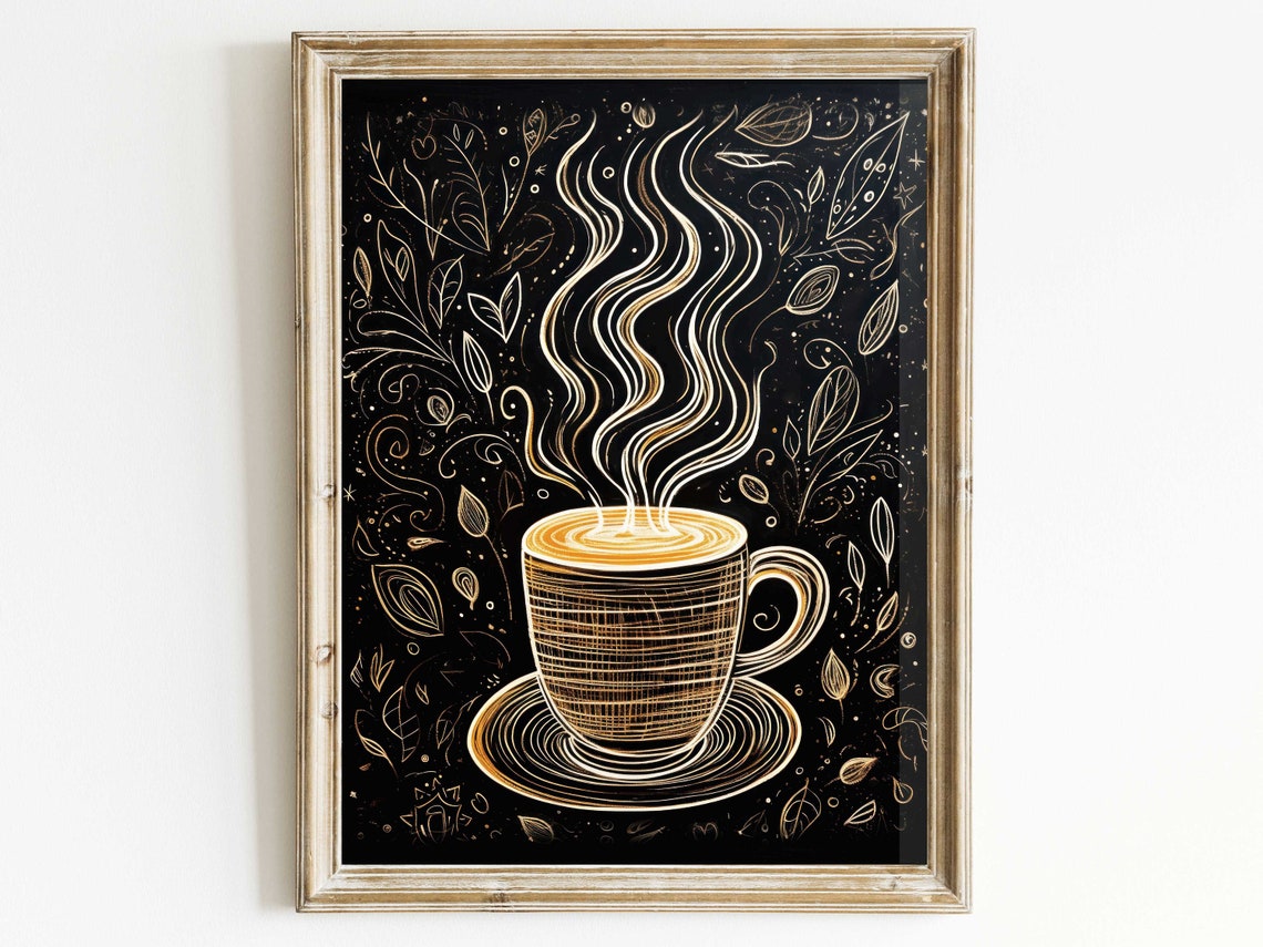 Golden Steaming Coffee Cup Botanical Doodle Art Black Poster
