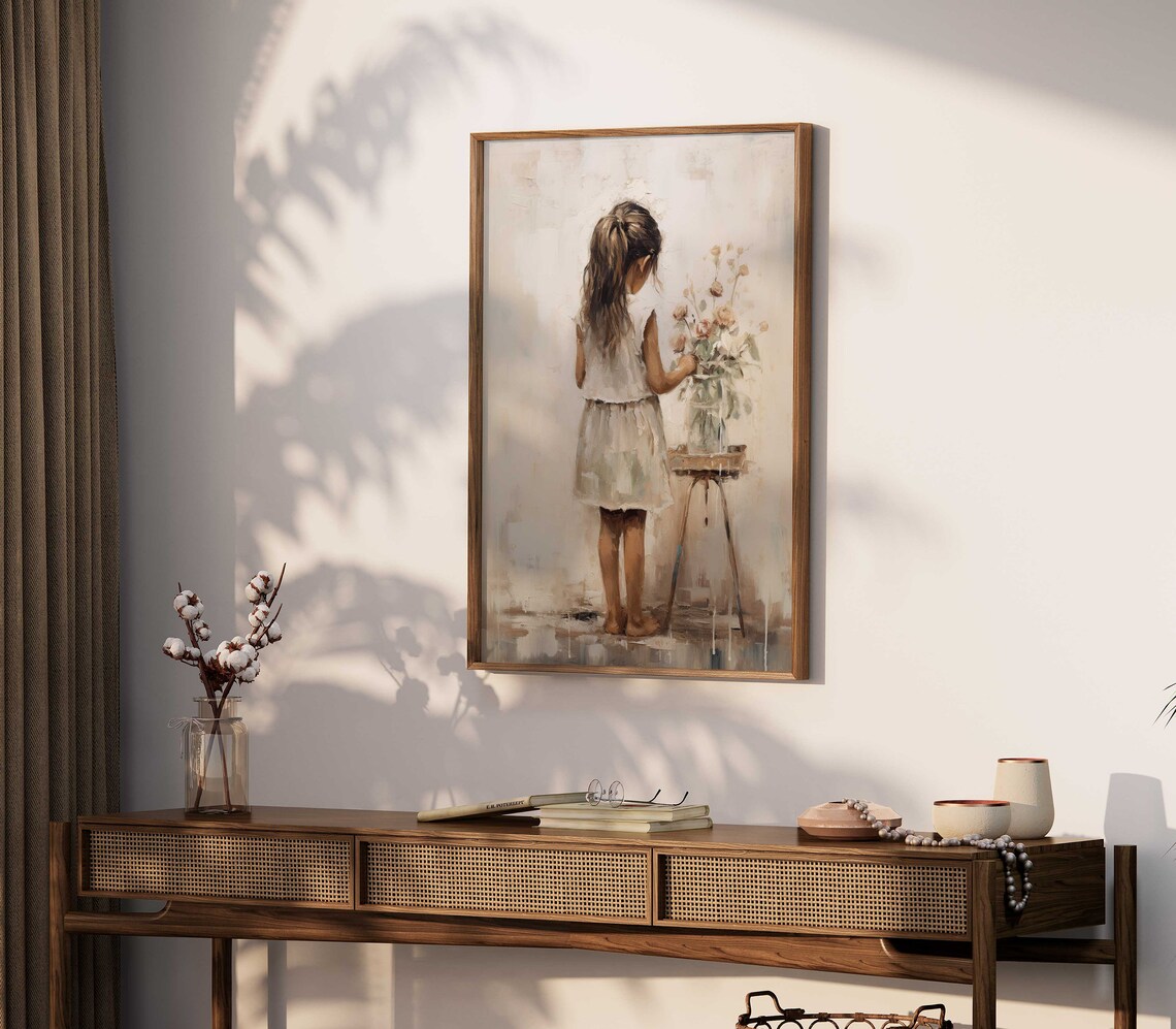 Girl Arranging Flowers In A Vase Vintage Style Floral Nursery Poster - Image 2
