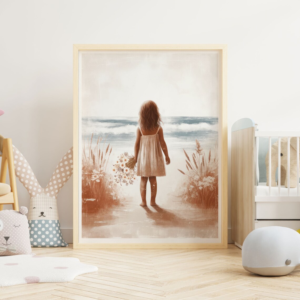 Little Girl In Dress On Beach With Flowers Coastal Nursery Poster - Image 2
