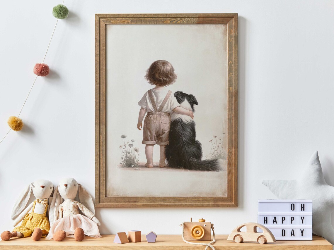 Girl with Her Arm Around a Border Collie in a Green Meadow Poster