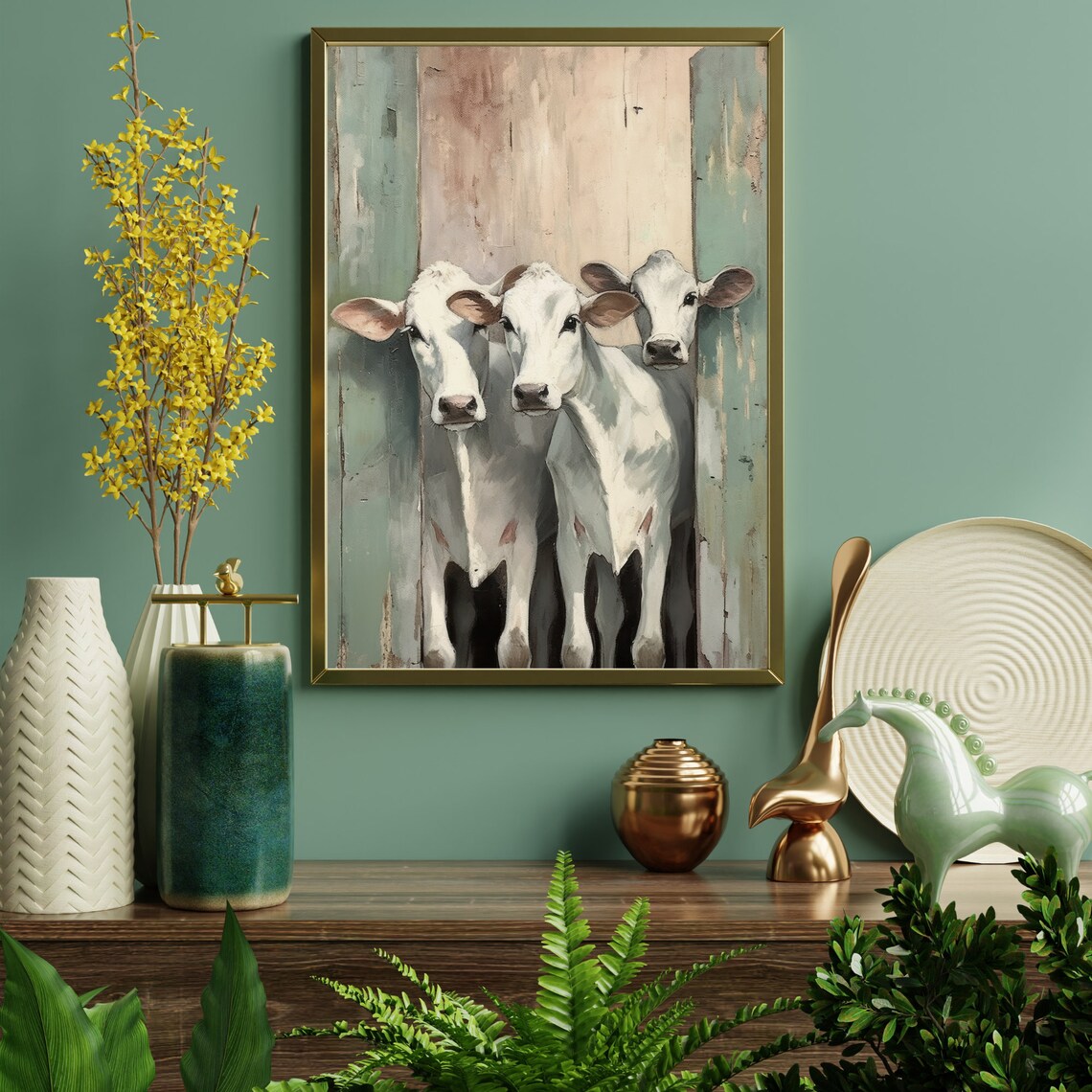 Three White Cows Peeking from a Sage Green Barn Door Wall Poster - Image 2