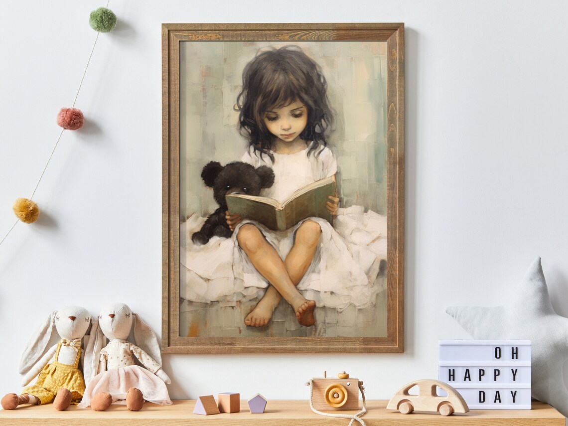 Girl and Teddy Bear Reading in Bed Art Print