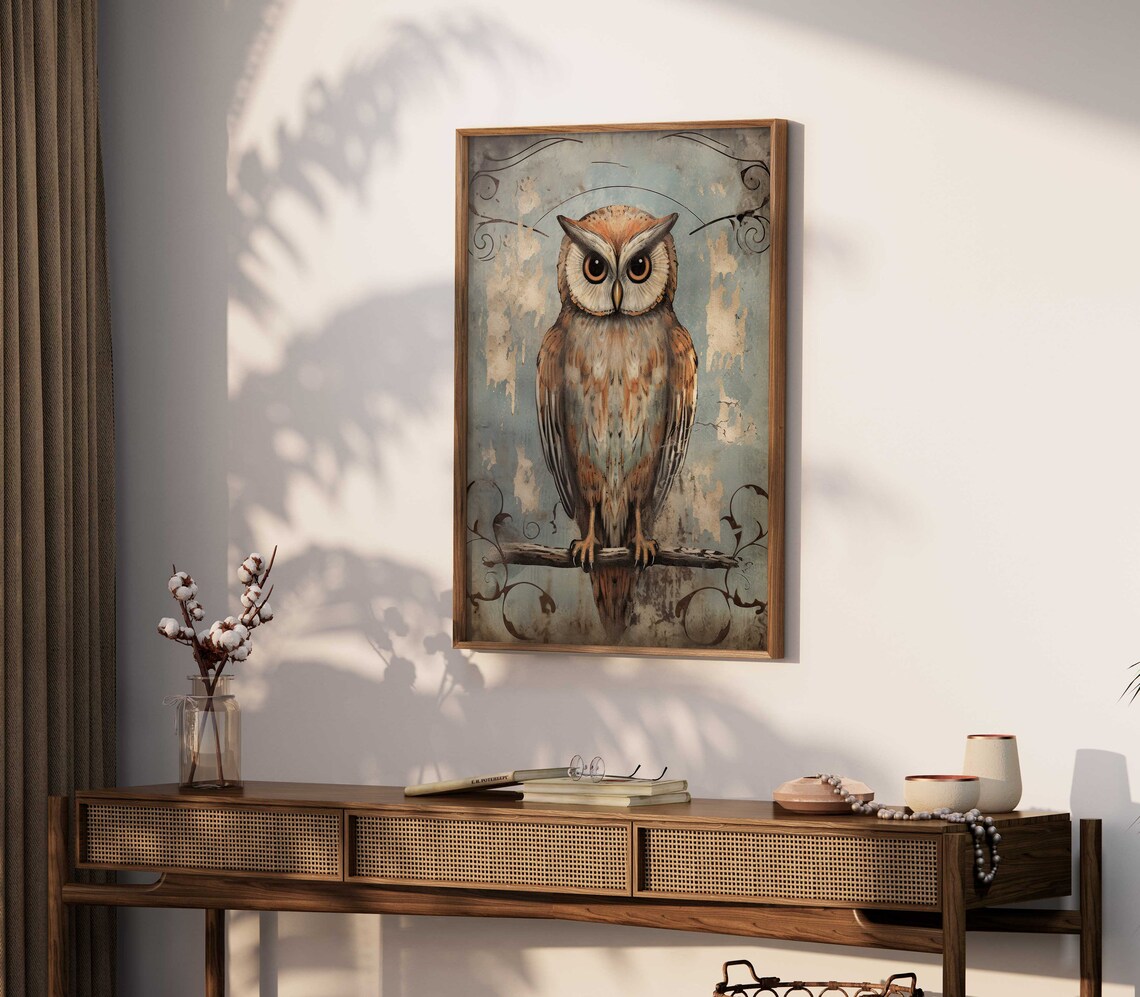 Vintage Barn Owl Portrait on a Branch in Distressed Blue Poster - Image 2