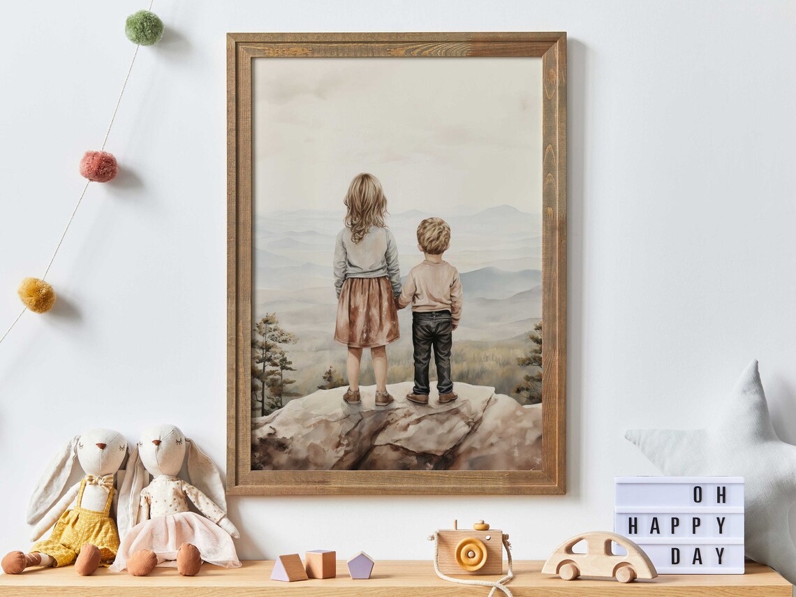Brother And Sister On Cliff Edge Overlooking Misty Mountains Poster
