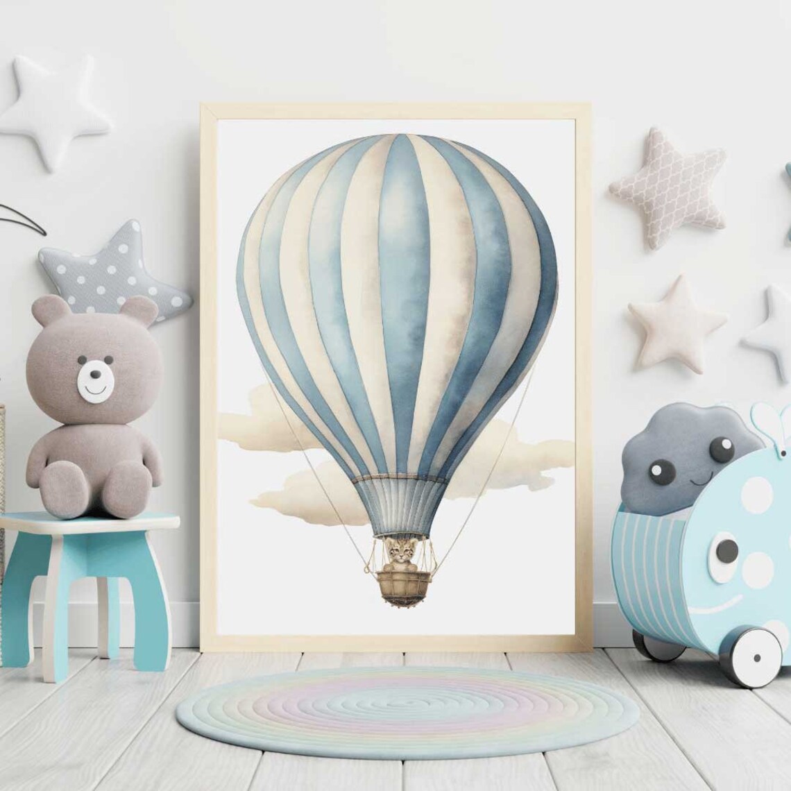 Baby Tiger Floating in Blue Striped Hot Air Balloon Nursery Poster - Image 2