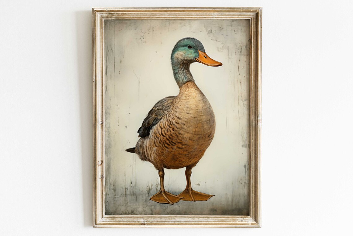 Mallard Duck Standing Portrait on Cream Vintage Farmhouse Art Poster