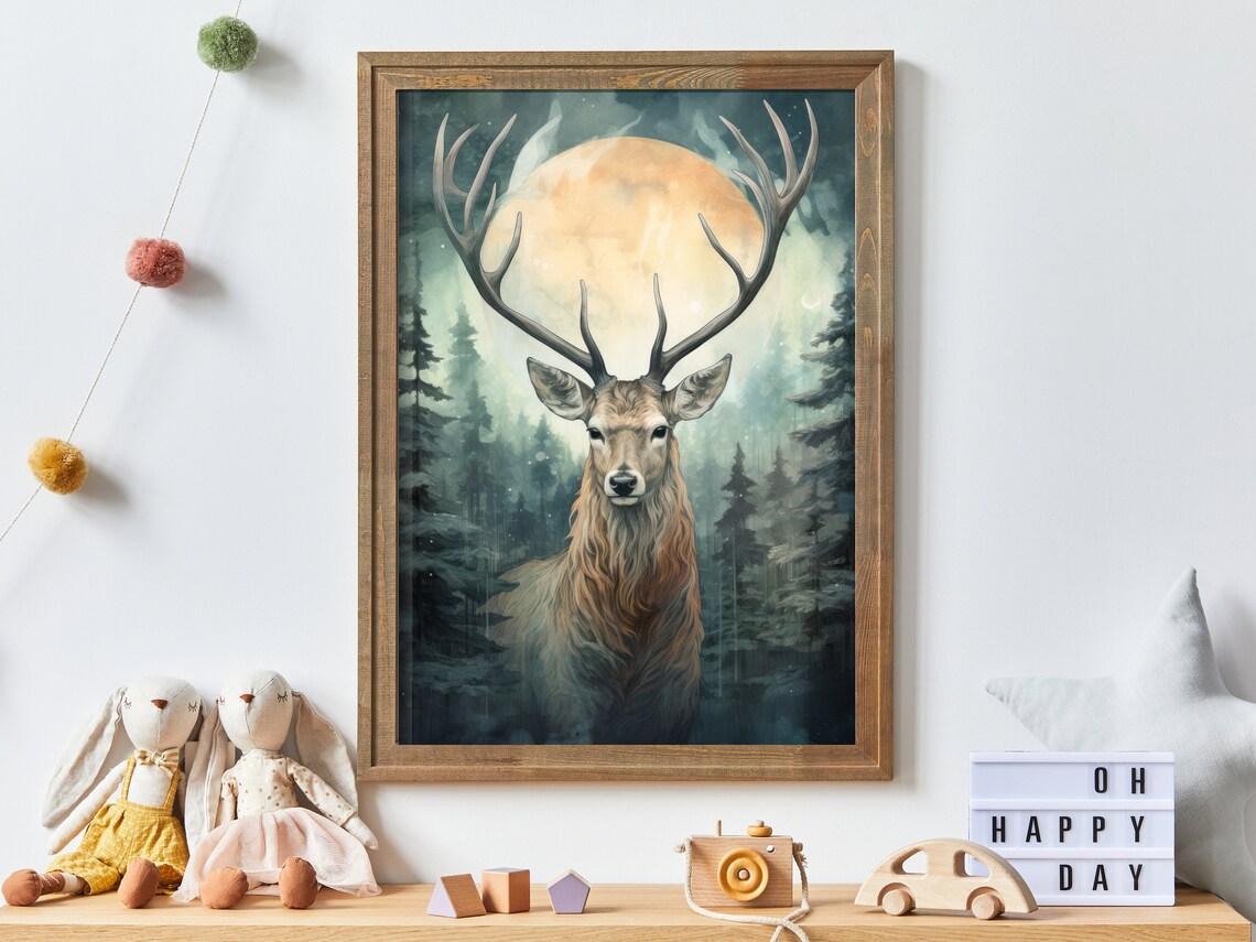 Majestic Stag with Antlers Under Full Moon in Misty Forest Poster