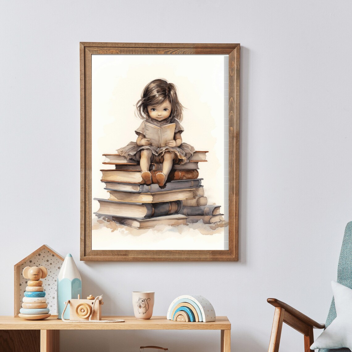 Little Girl Reading Books Poster Sweet Watercolor Nursery Library Decor - Image 3