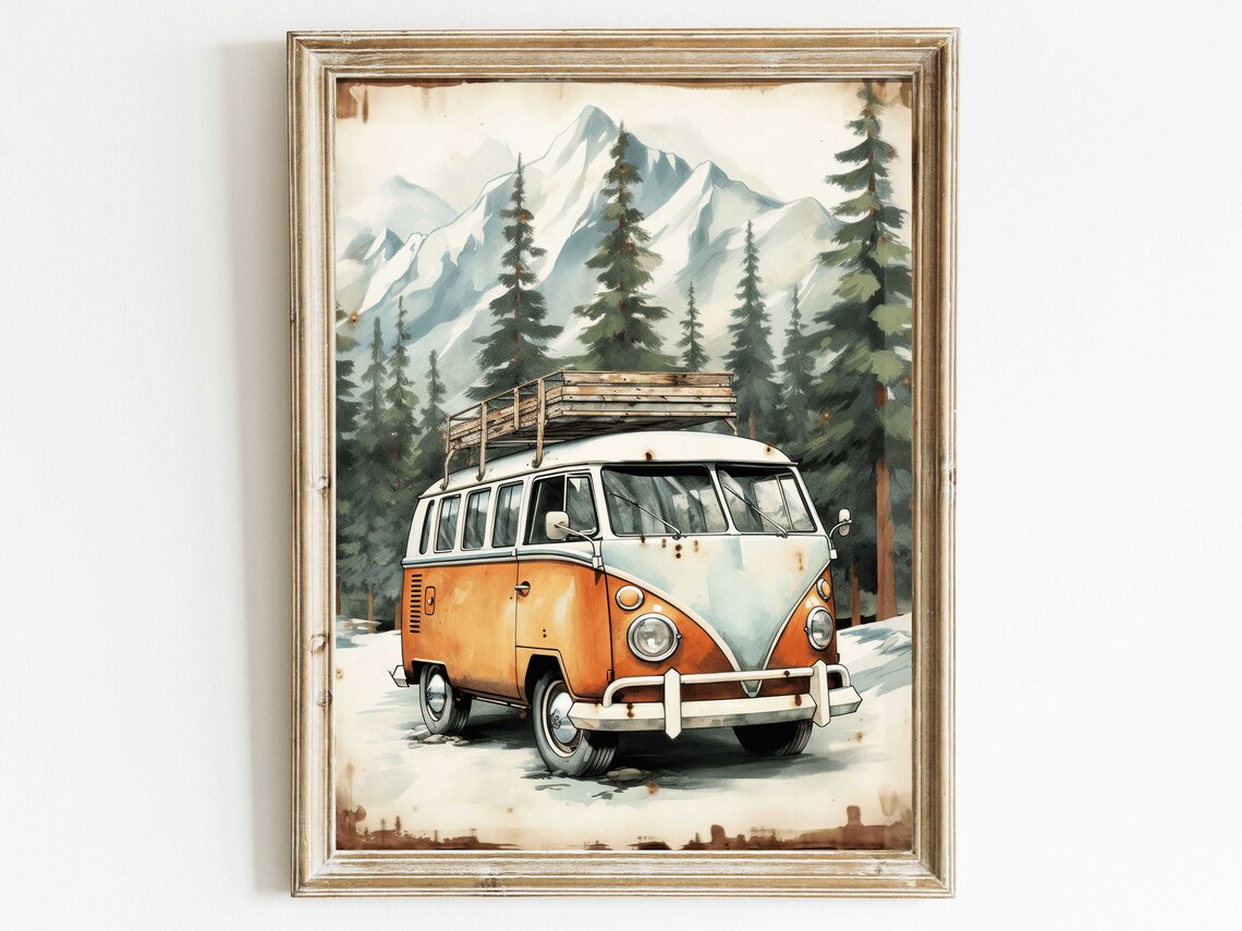 Vintage Orange VW Bus Camper Van In Snowy Mountains Retro Poster