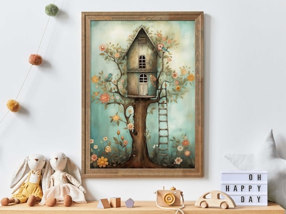 Whimsical Treehouse With Ladder And Flowering Tree Nursery Poster