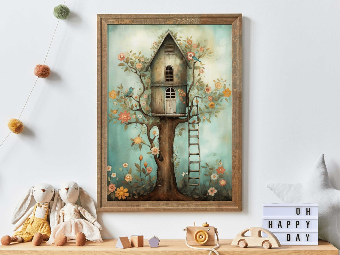 Whimsical Treehouse With Ladder And Flowering Tree Nursery Poster