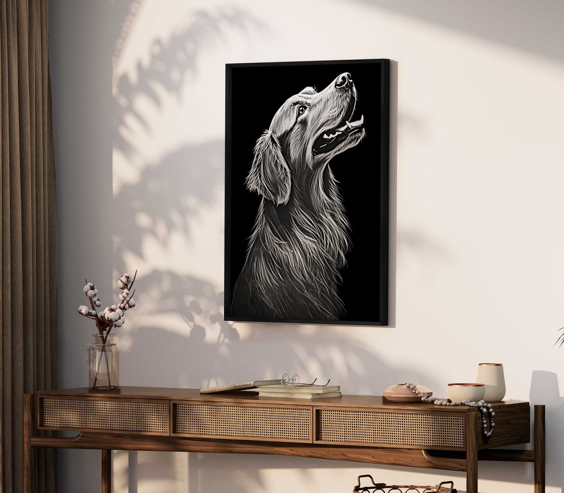 Golden Retriever White Chalk Portrait Black Background Poster - Image 2