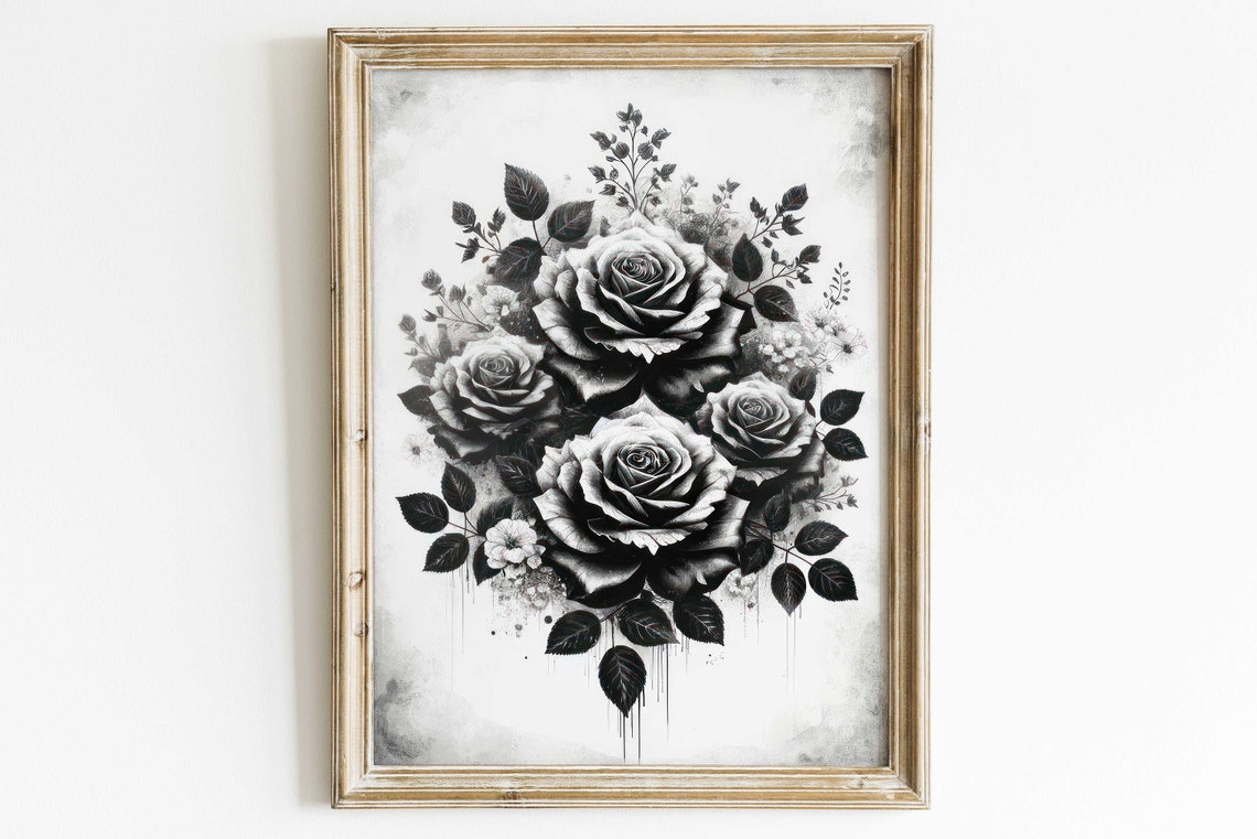 Black and White Roses Bouquet Ink Dramatic Monochrome Floral Poster