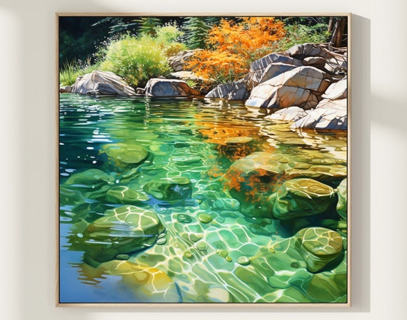 Lake View Watercolor Painting Art Print Landscape Wall Rocks By Water Poster