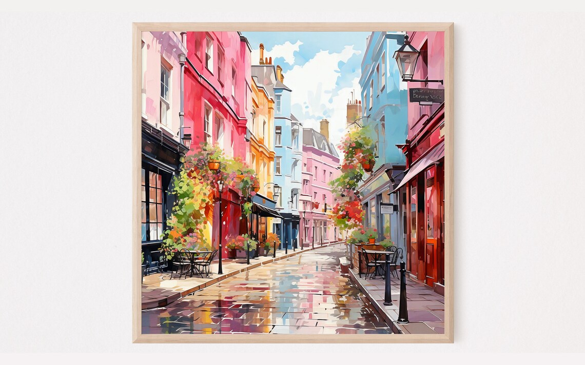 Colorful Notting Hill London Street Watercolor Rainy Day Art Print
