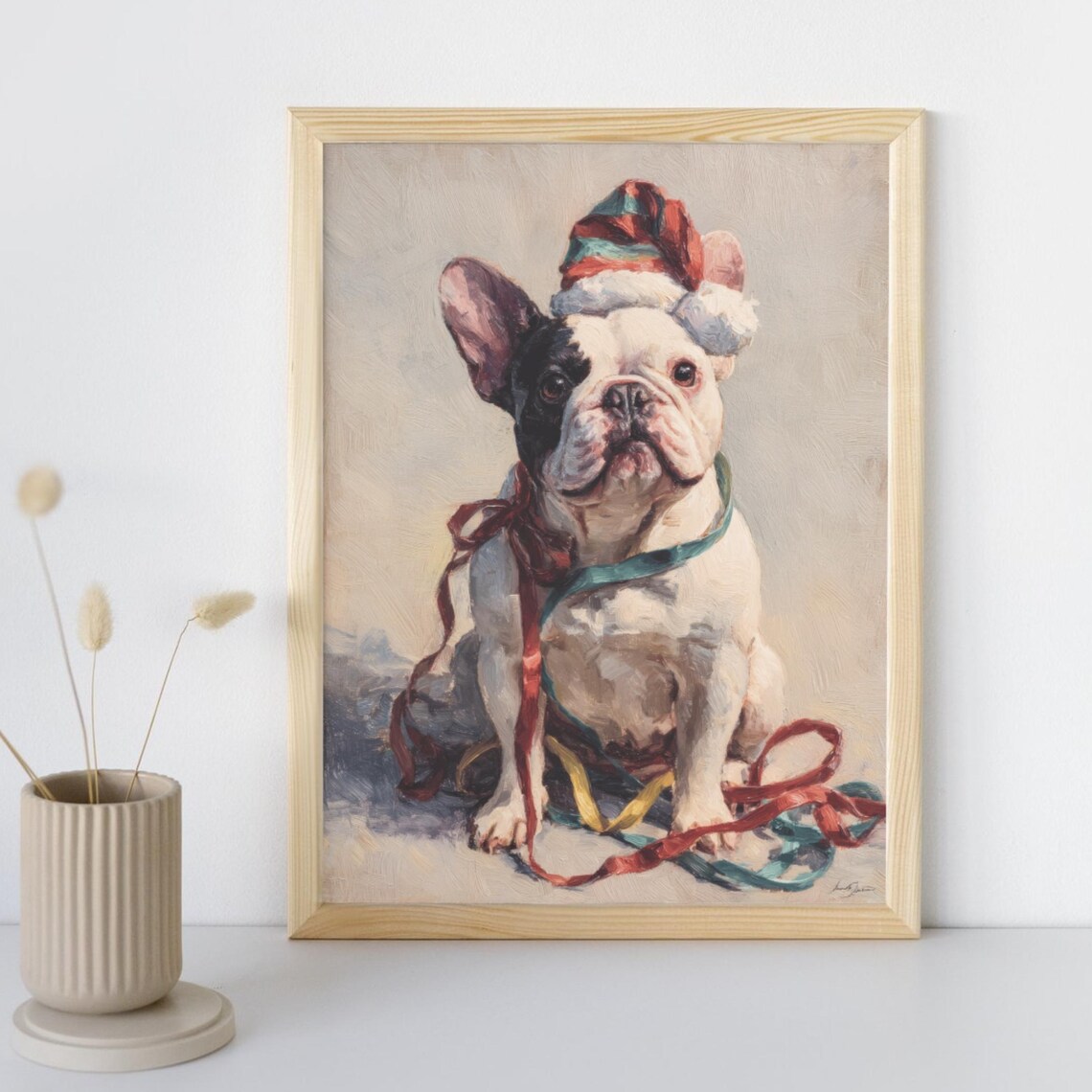 Funny French Bulldog Christmas Art Stuck In Ribbon Oil Painting Dog Mom Gift For