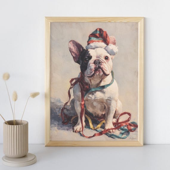 Funny French Bulldog Christmas Art Stuck In Ribbon Oil Painting Dog Mom Gift For