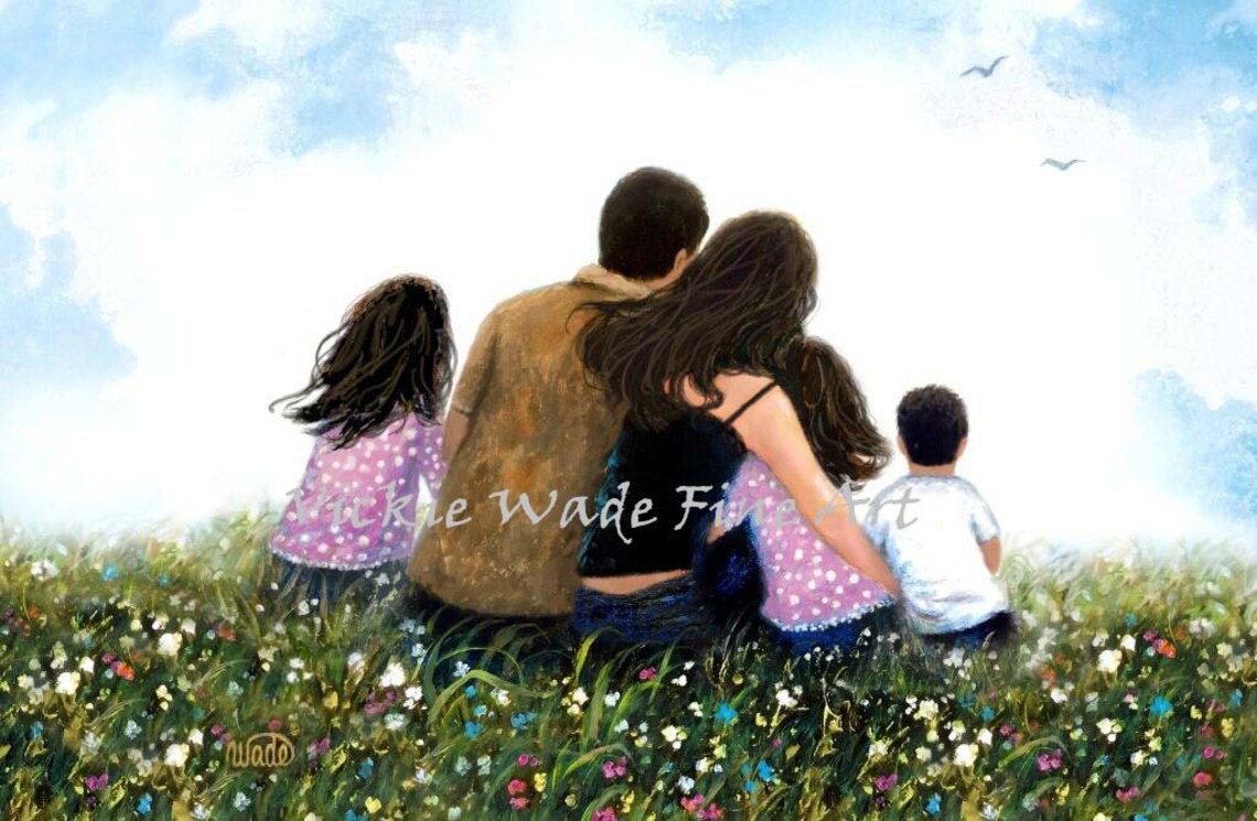 Family of Five Sitting Together in a Colorful Wildflower Meadow Poster