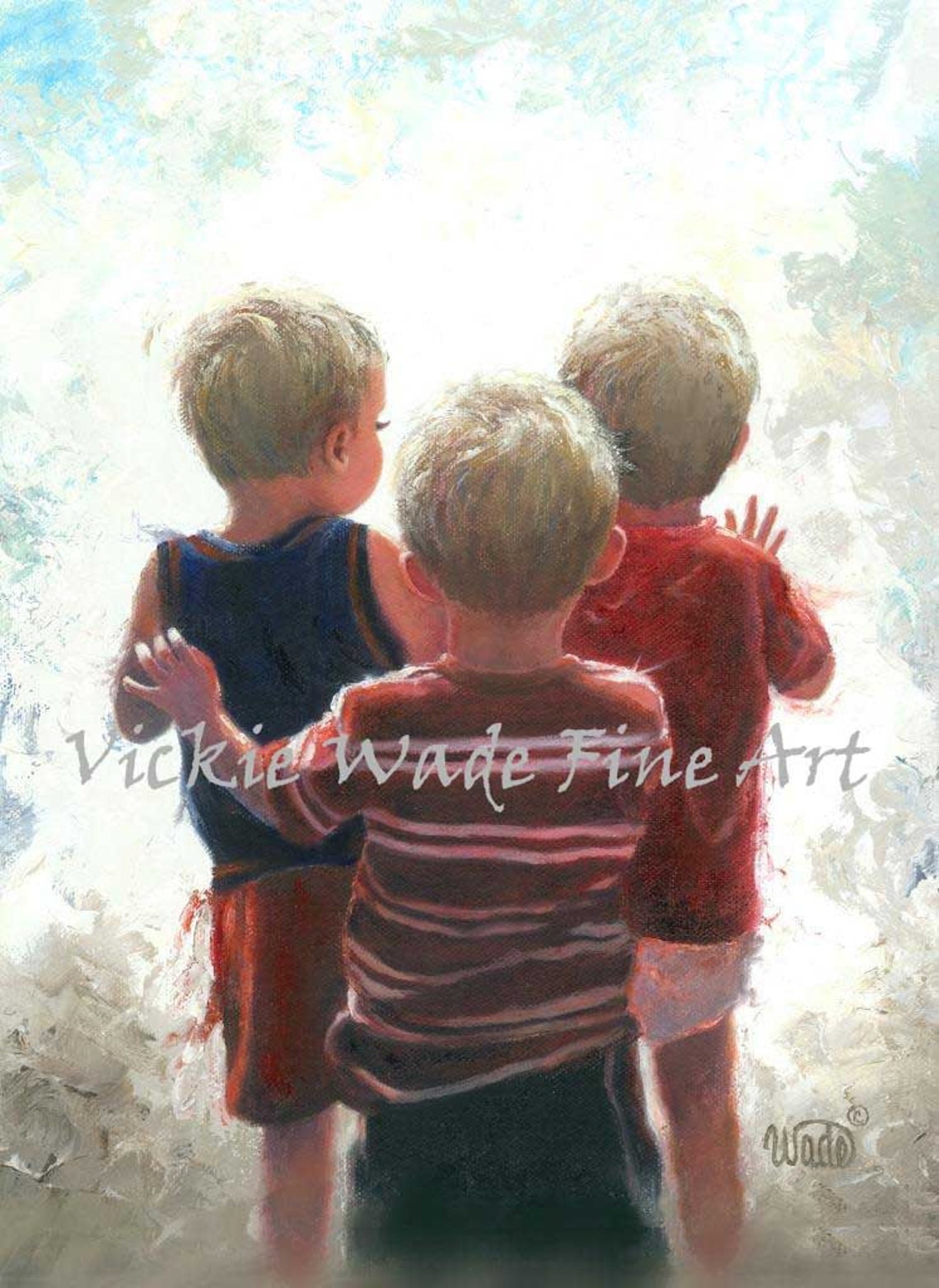 Three Little Boys Waving Goodbye In The Bright Backlight Poster