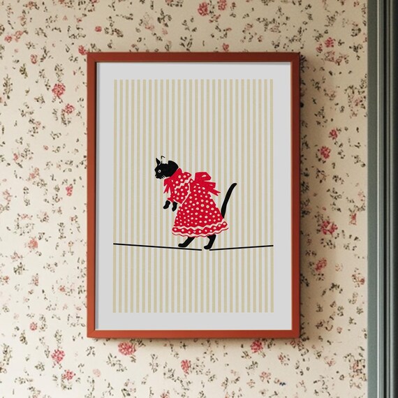 Vintage Black Cat in Red Polka Dot Dress Retro Kitchen Poster Art