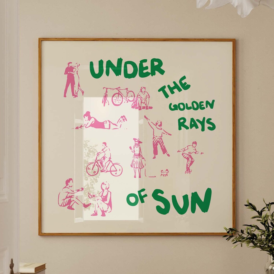 Under the Golden Rays of Sun Pink Green Square Hand Drawn Summer Poster