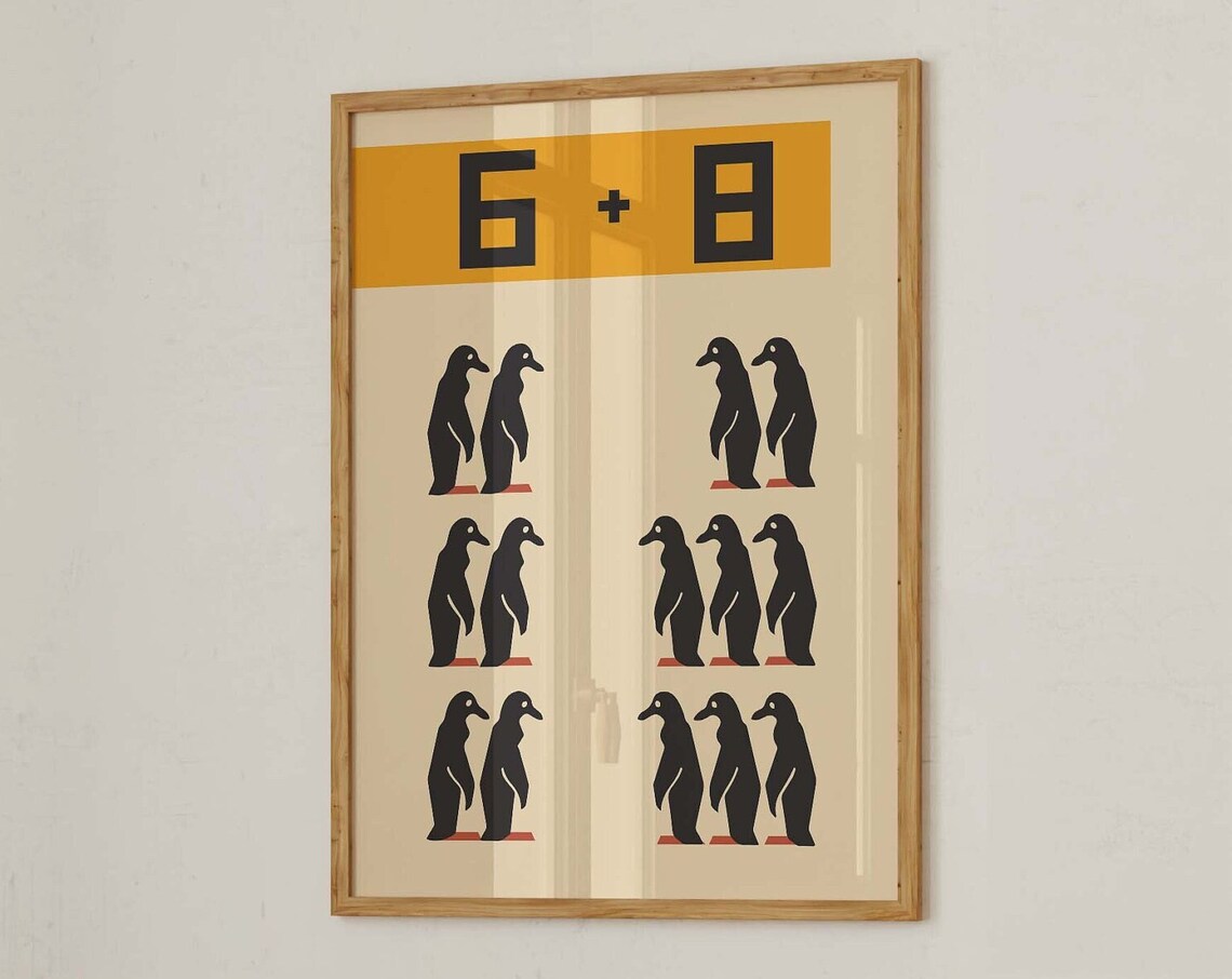 Adorable Penguin Friends 6 Plus 8 Bauhaus Counting Art Poster - Image 3