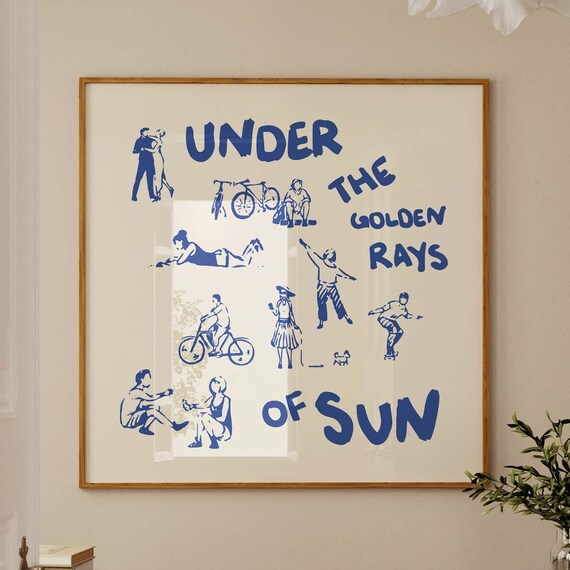 Under the Golden Rays of Sun Blue Summer Square Doodle Art Poster