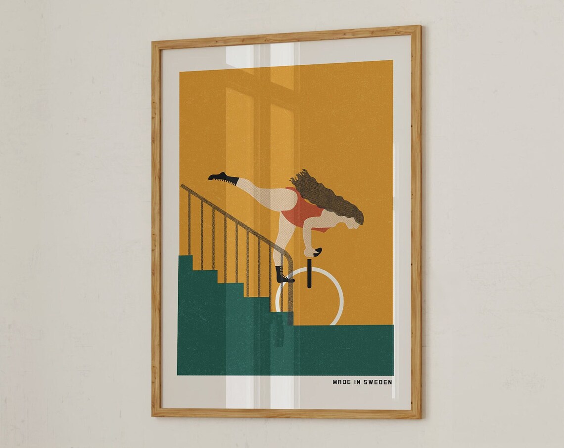Unicyclist Tumbling Down Green Stairs Swedish Retro Poster Yellow - Image 2
