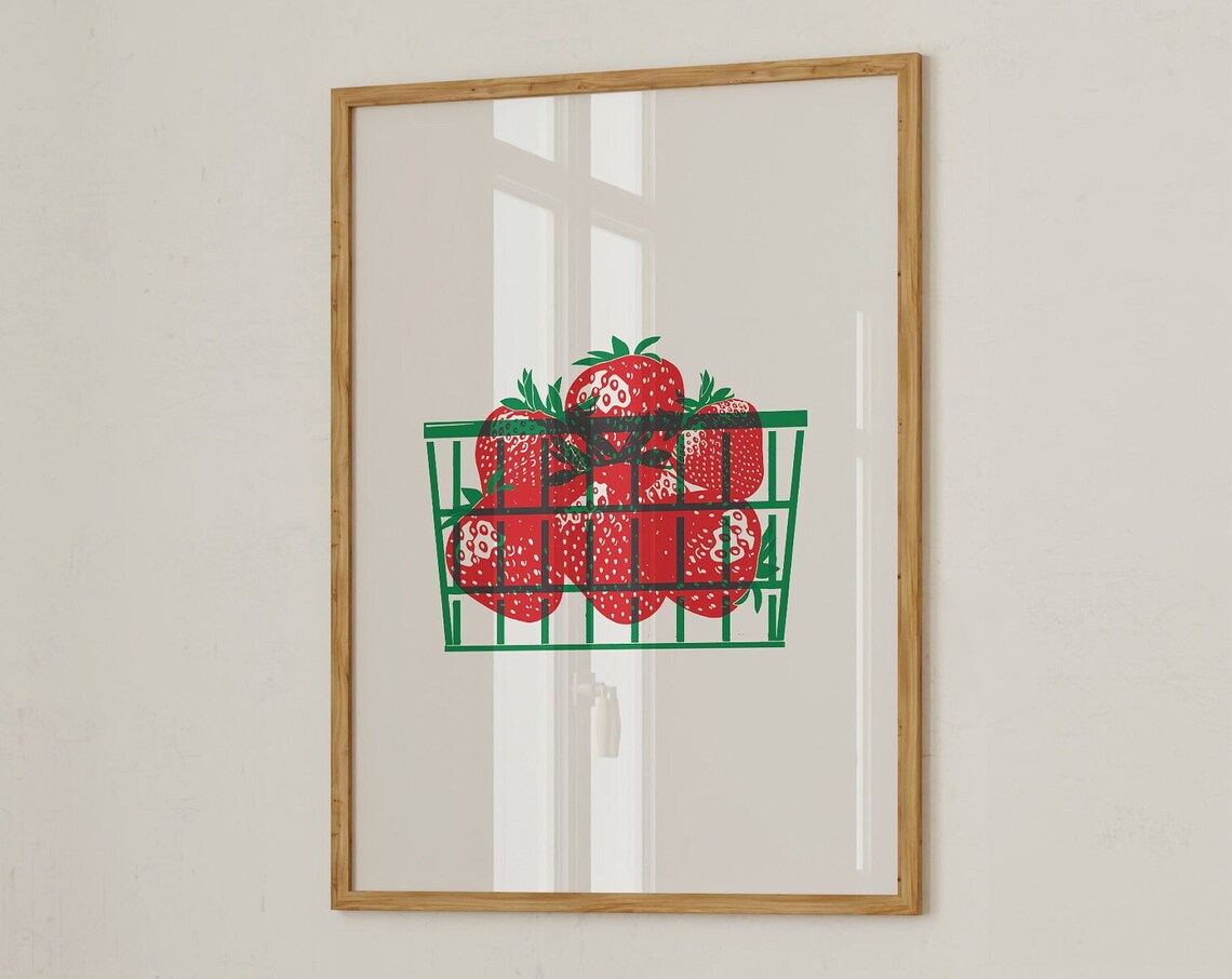 Strawberry Basket Fruit Red Green Retro Screen Style Art Poster - Image 2