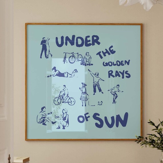 Under the Golden Rays of Sun Navy Blue on Light Blue Square Poster