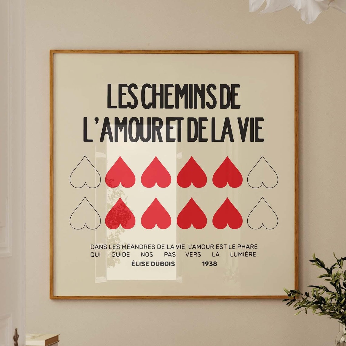 Square Print French Wall Art 10x10 Print 20x20 12x12 Print Red Heart Print Square Wall Art French Poster French Art Red Print