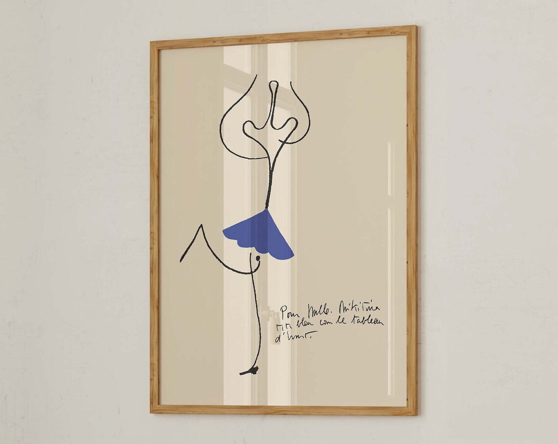 French Line Figure Blue Skirt Handwritten Dedication Exhibition Art Poster - Image 3