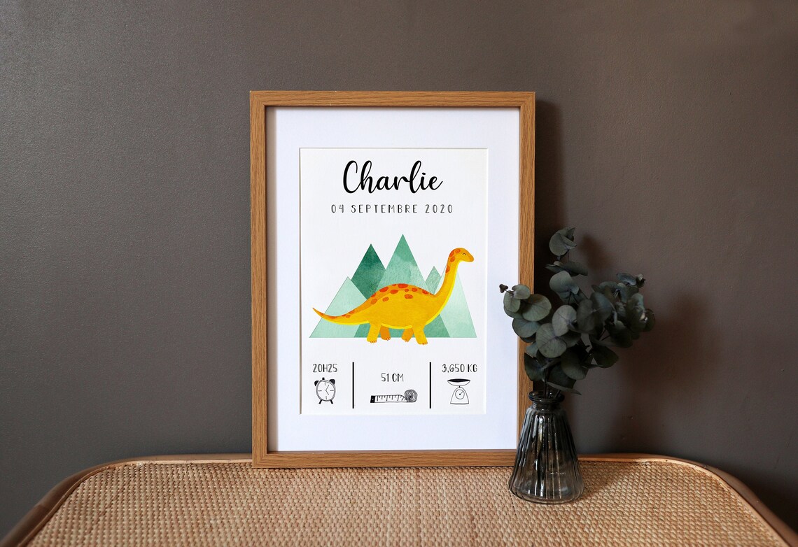 Personalized Dinosaur Watercolor Birth Poster Art