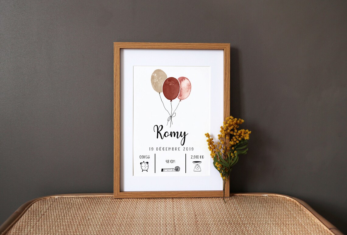 Personalized Birth Poster Balloons, Watercolor Art Print
