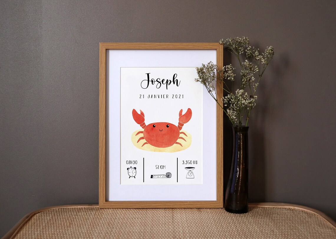 Personalized Crab Birth Poster, Ocean Watercolor Art Print