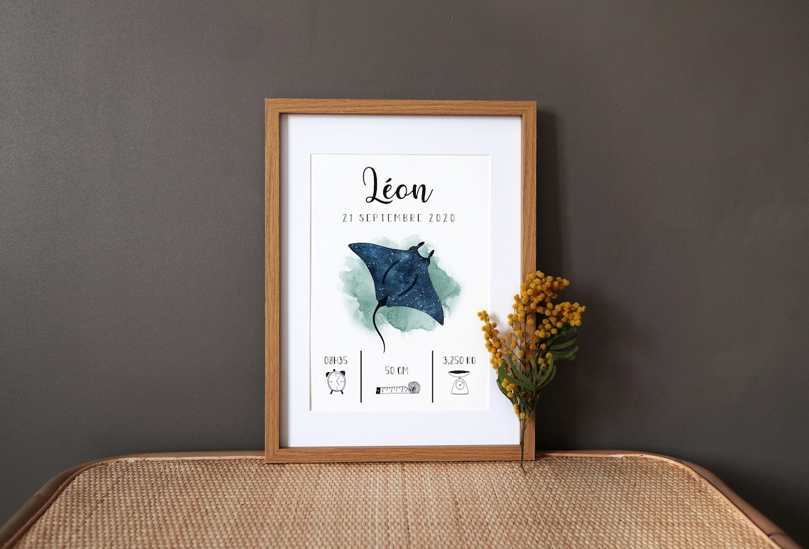 Personalised Raie Manta Watercolor Art Print