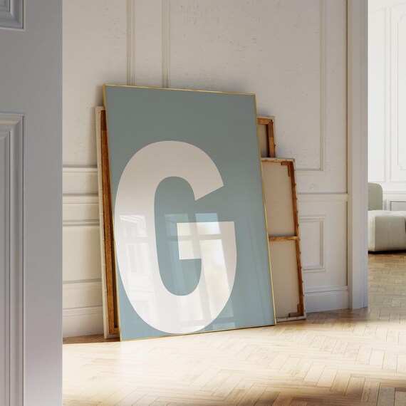 Letter G Monogram Poster Bold White Initial Alphabet Art on Soft Blue