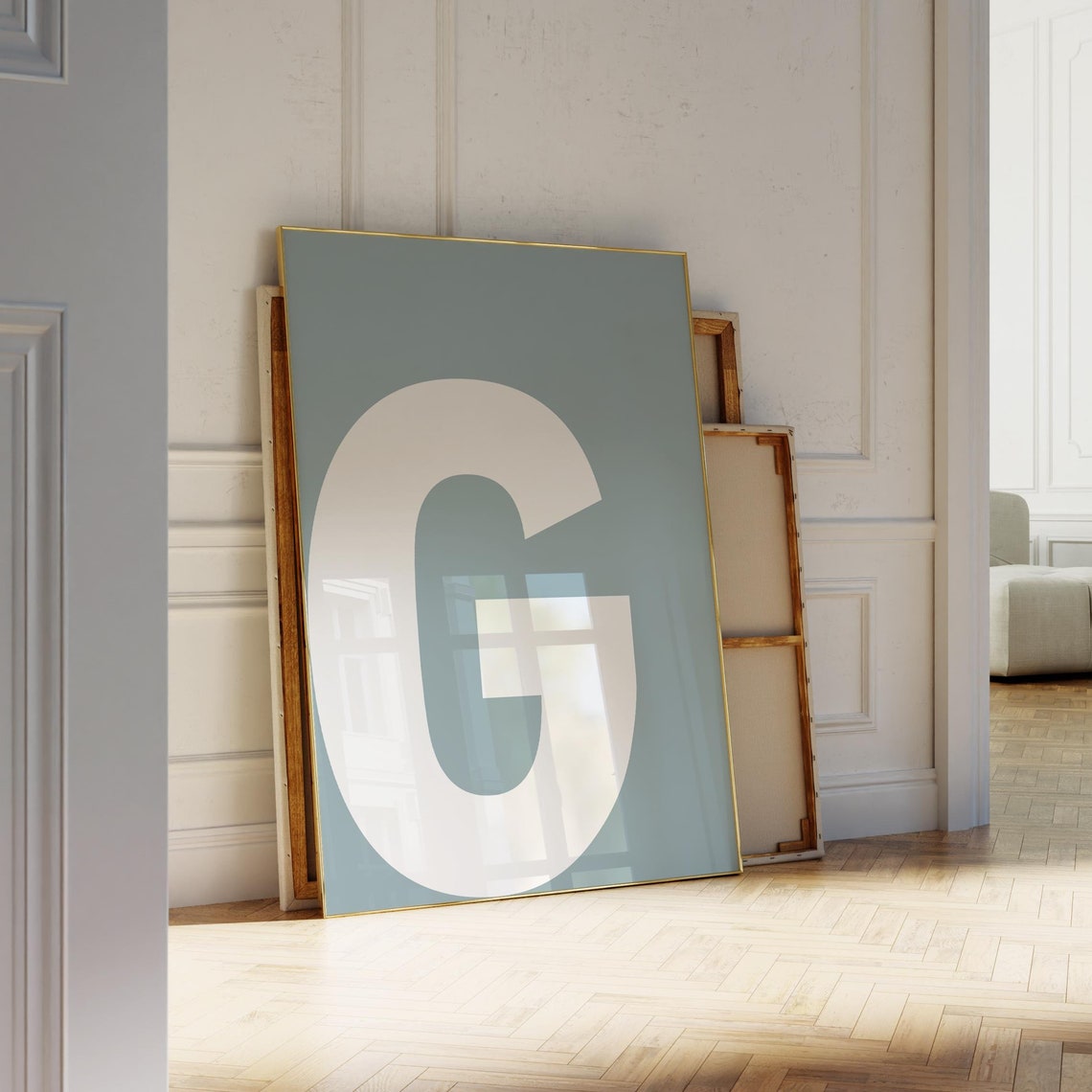 Letter G Monogram Poster Bold White Initial Alphabet Art on Soft Blue